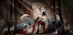 anthro asian_clothing belt black_nose blue_body blue_eyes blue_fur clothing curtains east_asian_clothing female fur hair japan japanese_clothing kimono many_tails red_belt solo white_body white_fur white_hair drawing_sofa asian_mythology east_asian_mythology japanese_mythology mythology canid canine fox mammal yokai hi_res