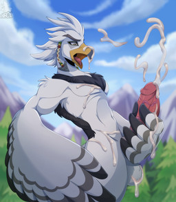 5_fingers balls beak big_penis bodily_fluids cloud cum cum_on_balls cum_on_beak cum_on_chest cum_on_hand cum_on_leg cum_on_penis fingers forest genital_fluids genitals male masturbation moan open_mouth penile penile_masturbation penis plant sky solo tree conditional_dnp xnirox breath_of_the_wild nintendo the_legend_of_zelda teba_(tloz) avian bird rito 2021 hi_res