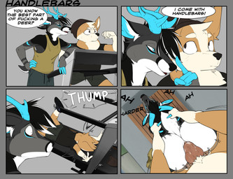 4_panel_comic anthro antlers dialogue exercise falling genitals gym horn locker_room male male/male penetration penile penile_penetration profanity speech_bubble text treadmill corginamedbruno bruno_(corginamedbruno) canid canine canis deer domestic_dog herding_dog mammal pastoral_dog welsh_corgi absurd_res comic english_text hi_res