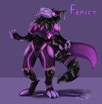 anthro cape claws clothing cybernetics ears_back feet fur hair machine male mouth open_mouth parts pivoted_ears screen screen_face simple_background smile solo tail teeth tongue tongue_out visor zerbug mythology fenicz cyborg protogen robot absurd_res hi_res