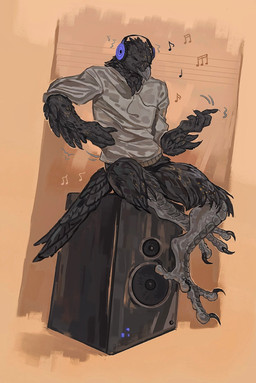 air_guitar anthro black_body black_feathers claws clothing electronics eyes_closed feathers headphones listening_to_music male motion_lines musical_note musical_symbol sitting sitting_on_object solo speaker symbol pascelfalcon avian hi_res