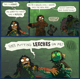 ambiguous_gender anthro arm_grab blood bodily_fluids book border clothed clothing coat detailed_background dialogue dungeon fangs female feral fingerless_gloves gloves green_body group handwear holding_melee_weapon holding_object holding_sword holding_weapon looking_at_another male melee_weapon sitting speech_bubble standing sword teeth text topwear transparent_border underground weapon wounded pocketss annelid elf human leech mammal scalie unknown_species worm 2025 alpha_channel comic english_text hi_res