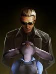 anthro blue_eyes brown_background brown_hair clothed clothing coat duo eyewear female hair long_ears looking_up male pink_nose police police_uniform simple_background size_difference smile sunglasses topwear uniform hattonslayden capcom disney resident_evil zootopia albert_wesker judy_hopps human lagomorph leporid mammal rabbit 2016 crossover hi_res