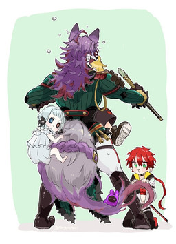 anthro bottomwear clothing dress fancy_clothing female fluffy fluffy_tail footwear fur group hair handwear leg_belt male multicolored_body multicolored_fur purple_body purple_fur purple_hair scepter shoes simple_background standing tail topwear touching_tail two_tone_body two_tone_fur white_body white_fur yellow_eyes young ringo_chaci compass_(combat_providence_analysis_system) charles_richter_(compass) canid canine canis human mammal wolf 2026