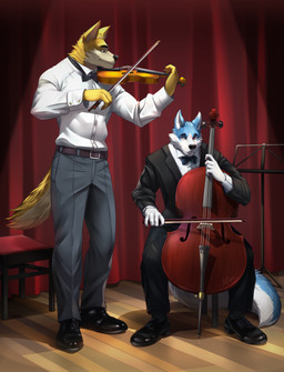 5_fingers anthro belt big_tail biped black_boots black_bottomwear black_bow_tie black_claws black_clothing black_eyebrows black_footwear black_jacket black_nose black_pants black_suit black_topwear blue_body blue_ears blue_fur blue_tail boots bottomwear bow_(stringed_instrument) bow_tie bowed_string_instrument brown_belt buckle cello cheek_tuft claws closed_smile clothing concert countershade_face countershade_fur countershade_tail countershading dress_shoes duo eyebrows facial_scar facial_tuft finger_claws fingers floor fluffy fluffy_tail footwear front_view fur furniture glistening glistening_boots glistening_clothing glistening_footwear grey_bottomwear grey_clothing grey_pants holding_bow_(stringed_instrument) holding_object humanoid_hands inside jacket light_tail looking_at_another male markings mouth_closed multicolored_body multicolored_fur multicolored_tail music_stand musical_instrument neck_tuft pants playing_cello playing_music playing_violin red_curtains red_markings scar shoes sitting_on_stool smile snout standing stool string_instrument suit suit_jacket tail tan_body tan_fur tan_tail three-quarter_view topwear tuft violin white_body white_dress_shirt white_fur white_tail wood wood_floor yellow_body yellow_ears yellow_fur yellow_tail purtropos remember_the_flowers cooper_krager nolan_(lazerchippy) canid canine canis mammal wolf 2023 absurd_res hi_res signature