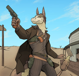 anthro armed clothing coat desert gun gunslinger handgun male post-apocalyptic ranged_weapon revolver saloon schofield_revolver solo topwear trenchcoat wasteland weapon tren fallout microsoft hidalgo_(bushdog) night_stalker_(fallout) hi_res