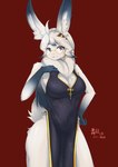 anthro asian_clothing breasts clothing east_asian_clothing eyewear female fur glasses hair inner_ear_fluff red_background simple_background smile solo tuft white_body white_fur white_hair treyer lagomorph leporid mammal rabbit 2020 hi_res