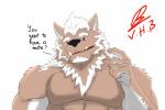 5_fingers anthro brown_body brown_fur clothed clothing dialogue facial_hair fingers food fur humanoid_hands male multicolored_body multicolored_fur muscular muscular_male pecs red_eyes solo text topless two_tone_body two_tone_fur white_body white_fur vhubnh3 lifewonders pocky tokyo_afterschool_summoners marchosias_(tas) canid canine canis demon mammal wolf 3:2 absurd_res digital_media_(artwork) english_text hi_res signature