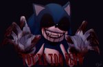 anthro blood blue_body blue_fur bodily_fluids clothing creepy demonic dialogue evil_grin fur gloves handwear horror_(theme) looking_at_viewer male nightmare_fuel reaching_towards_viewer red_eyes smile solo teeth text pirog.art creepypasta sega sonic.exe_(creepypasta) sonic_the_hedgehog_(series) sonic.exe eulipotyphlan hedgehog mammal english_text hi_res