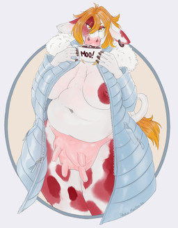 anthro areola beverage blonde_hair bottomless breasts breasts_and_teats candy chocolate clothed clothing coat coat_only container cup dessert drinking ear_piercing female food hair holding_container holding_cup holding_mug holding_object hot_chocolate jacket looking_at_viewer marshmallow mug nipples piercing red_eyes slightly_chubby solo teats thick_thighs topwear topwear_only udders phathusa tay_(tayjayee) bovid bovine cattle mammal 2020 absurd_res hi_res