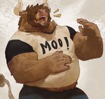 anthro belly belly_overhang big_belly biped bovid_horn bovine_horn broad_shoulders brown_body brown_fur bull_horn clothing emanata eyes_closed fur hair hair_over_eyes hand_on_belly horn laugh male musclegut muscular open_mouth overweight overweight_anthro overweight_male shirt simple_background solo text text_on_clothing text_on_shirt text_on_topwear topwear bernie_burr deadanthro_(character) bovid bovine cattle mammal 2022 english_text hi_res