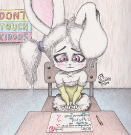 anthro blush clothing dress female ink school sitting solo squiggle_mouth young young_anthro squishymare briar_(squishymare) lagomorph leporid mammal rabbit absurd_res colored_pencil_(artwork) hi_res traditional_media_(artwork)