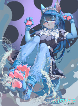4_fingers anthro blue_body blue_ears blue_eyes blue_fur blue_hair blue_tail breasts claws clothing depth_of_field dress eyelashes feet female female_anthro fingers front_view fur hair long_hair maid_headdress maid_uniform open_mouth pawpads pink_pawpads solo tail teeth toe_claws uniform water dimvra canid canine mammal absurd_res digital_media_(artwork) hi_res portrait