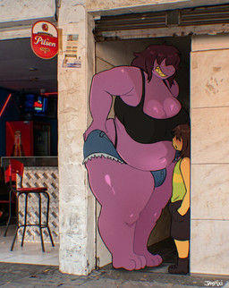 alley anthro bangs bangs_over_eyes belly big_belly big_breasts big_butt bottomwear breasts brown_hair bulge butt clenched_teeth clothing denim denim_bottomwear denim_clothing denim_shorts duo female gynomorph hair hair_over_eyes hand_on_hip intersex intersex/male jeans male navel obese obese_anthro obese_female obese_gynomorph obese_intersex overweight overweight_anthro overweight_female overweight_gynomorph overweight_intersex panties pants purple_body shorts size_difference smile standing teeth thick_thighs thong_straps underwear wide_hipped_anthro wide_hipped_female wide_hips yellow_body yellow_skin yellow_teeth jaypixi a_chance_encounter deltarune undertale_(series) kris_dreemurr susie_(deltarune) human humanoid mammal scalie meme