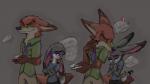 anthro clothed clothing dipstick_ears dipstick_tail duo ear_markings female fur glowing glowing_eyes green_eyes grey_body grey_fur heart_symbol licking male markings multicolored_ears pink_nose purple_eyes scut_tail short_tail tail tail_markings tongue tongue_out rarewhoroastbeast_(artist) disney zootopia judy_hopps nick_wilde canid canine fox lagomorph leporid mammal rabbit red_fox true_fox 16:9 2017 comic widescreen