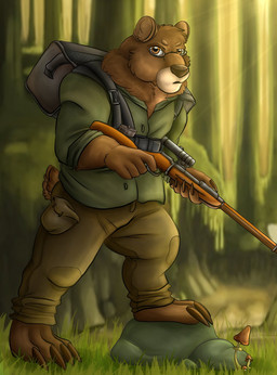 5_fingers anthro claws clothing eyewear fingers front_view glasses grass gun male natural_colors navel orange_eyes outside pawpads paws plant ranged_weapon rifle serious_face side_view slightly_chubby solo standing tactical tree weapon invidiart david_the_bear bear mammal hi_res