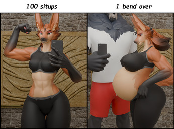 abs anthro before_and_after duo electronics female male nipple_outline phone pregnant selfie text upset phrostbite leodamodeler_(modeler) 100_situps_1_bend_over_(meme) athena_(leodamodeler) roderick_(elsifthewolf) canid canine canis mammal maned_wolf wolf 3d_(artwork) absurd_res digital_media_(artwork) english_text hi_res meme