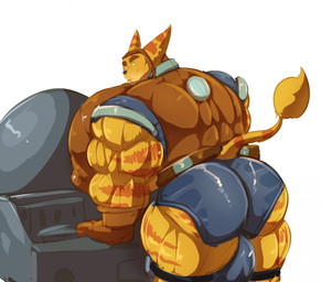 anthro balls big_balls big_butt big_muscles bottomwear butt clothing deltoids fur genitals gloves handwear headgear headwear huge_balls huge_muscles hyper hyper_muscles male muscular muscular_anthro muscular_male simple_background solo striped_body striped_fur stripes topwear triceps white_background yellow_body yellow_fur bobert ratchet_and_clank sony_corporation sony_interactive_entertainment ratchet_(ratchet_and_clank) lombax mammal 2019 digital_media_(artwork)