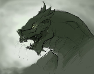 ambiguous_gender bodily_fluids fangs feral glowing glowing_eyes green_body looking_aside open_mouth saliva side_view solo teeth yellow_eyes deriaz star_trek gorn_(species) 2013 adobe_photoshop_(artwork) bust_portrait digital_drawing_(artwork) digital_media_(artwork) green_theme monochrome paint_tool_sai_(artwork) portrait