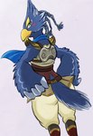 anthro armor blue_body blue_feathers braided_hair butt feathers green_eyes hair looking_back male scarf simple_background solo sheep_riritoto breath_of_the_wild nintendo the_legend_of_zelda revali avian bird rito