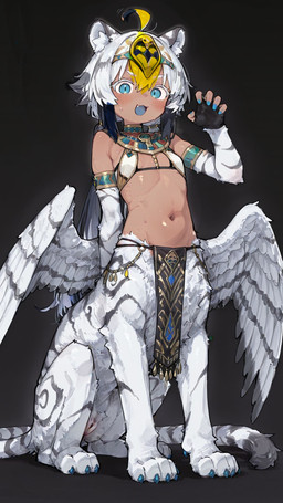 5_fingers accessory ahoge animal_arms animal_ears bare_shoulders black_background blue_claws blue_eyes blue_nails blue_tongue bra claw_pose claws clothed clothed_female clothed_taur clothing colored_nails dark_body dark_skin dewclaw egyptian egyptian_clothing female fingers flat_chested fur genitals hair headband inner_ear_fluff markings nails navel quadruped simple_background solo standing striped_body striped_markings striped_tail stripes tail tail_markings tongue tuft underwear usekh vulva white_body white_fur white_hair wings young a.white felid felid_taur feline feline_taur humanoid_taur mammal mammal_taur taur full-length_portrait hi_res portrait