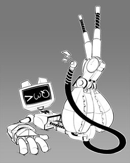 anthro biped bow_ribbon digitigrade emoticon featureless_feet feet female legs_up looking_at_viewer lying_on_ground machine on_ground one_eye_closed screen screen_face segmented_body solo thick_thighs wink winking_at_viewer critatonic bionicle lego neko-robo_companion domestic_cat felid feline felis mammal robot 2025 greyscale hi_res monochrome