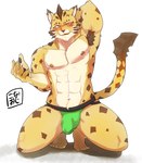 abs anthro armpit_hair blush body_hair bulge crouching detailed_bulge fur genital_outline male markings muscular muscular_anthro muscular_male nipples pecs penis_outline raised_arms solo spots spotted_body spotted_fur yellow_body yellow_fur connersublow lifewonders tokyo_afterschool_summoners ose_(tas) felid leopard mammal pantherine absurd_res hi_res