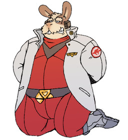 anthro arms_tied bdsm biped bondage bound buckteeth clothed clothing fur kneeling male mature_anthro mature_male overweight overweight_anthro overweight_male simple_background solo teeth uniform white_background hyenaface nintendo star_fox peppy_hare lagomorph leporid mammal rabbit 2022 digital_media_(artwork)