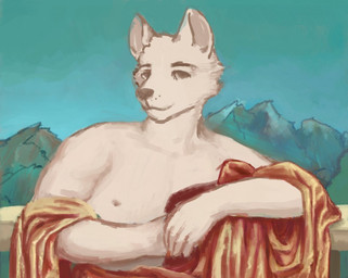 anthro clothing ears_up eyebrows looking_at_viewer male mountain nipples outside robe sitting smile smiling_at_viewer solo reynard_goodfellow canid canine canis mammal wolf
