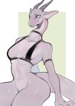 anthro bikini bikini_top black_bikini black_clothing black_swimwear blue_eyes bottomless breasts clothed clothing extended_arm eyeshadow female geometric_background glistening glistening_body glistening_eyes glistening_horn glistening_scales grey_body grey_scales horn long_neck looking_aside makeup medium_breasts non-mammal_breasts purple_eyeshadow scales simple_background sitting smile solo swimwear tail two-piece_swimsuit wide_hips lbt9000 mythology sylvia_(scaledfox) dragon mythological_creature mythological_scalie scalie 2022 digital_media_(artwork) hi_res