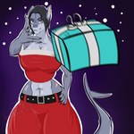 abs anthro athletic belt bottomwear breasts christmas_clothing clothing curvy_figure ear_piercing ear_ring female gift glistening glistening_body hair hand_on_hip holidays hourglass_figure muscular muscular_anthro outline piercing purple_eyes ring ring_piercing scar shark_tail simple_background skirt small_waist solo tail thick_thighs wide_hips luckeeart christmas eminem_throw vanesa_(luckeeart) animal_humanoid fish fish_humanoid humanoid marine marine_humanoid shark shark_humanoid absurd_res hi_res