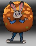 anthro clothed clothing costume female food food_costume footwear fur looking_at_viewer meatball meatball_costume multicolored_body multicolored_fur police police_uniform purple_eyes simple_background solo standing toeless_footwear two_tone_body two_tone_fur uniform vixdojofox disney zootopia judy_hopps lagomorph leporid mammal rabbit