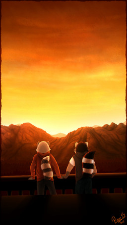 anthro black_body black_fur black_stripes black_tail duo fur grey_ears grey_stripes grey_tail male markings mountain rear_view striped_body striped_fur striped_markings striped_tail stripes sunset tail tail_markings white_body white_ears white_fur white_stripes white_tail pache_riggs mammal procyonid raccoon 2015 9:16 dated hi_res signature
