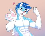 abs anthro biceps blue_body blue_fur blue_hair fur hair heart_symbol male one_eye_closed paws simple_background solo white_body yellow_eyes crystal-silverlight fluke_the_husky canid canine canis domestic_dog husky mammal nordic_sled_dog spitz hi_res