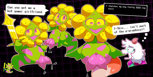 2_penises anthro big_penis blush bodily_fluids cheerful dripping eyewear flower fluffy_ears fox_tail genital_fluids genitals glasses group happy horn leaf leaf_arms leaking_precum legless living_tail male male/male markings melee_weapon multi_genitalia multi_penis naive pattern_background penis pink_eyes plant precum precum_drip precum_string presenting scarf shocked simple_background snake_tail speech_bubble spots spotted_body sword tail text thought_bubble unusual_anatomy unusual_tail weapon yellow_sclera suta-star deltarune undertale_(series) ralsei bovid caprine darkner floradinn goat mammal reptile scalie snake hi_res