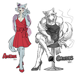 5_fingers anthro bar_stool biped black_clothing black_dress blush cigarette claws clothed clothing comparing crossdressing dress eyelashes eyeshadow femboy fingers footwear fur furniture grey_body grey_fur high_heels holding_cigarette holding_object looking_at_viewer makeup male muscular muscular_anthro muscular_femboy muscular_male narrowed_eyes pink_clothing pink_eyeshadow plantigrade red_clothing red_dress red_footwear red_high_heels shoes sitting smoke smoking solo standing stool text yuzuki_fang111 beastars legoshi_(beastars) canid canine canis mammal wolf 2021 digital_media_(artwork) english_text hi_res