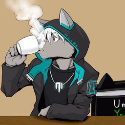 backpack clothed clothing container cup drinking fur grey_body grey_fur hair jewelry male necklace solo steam white_hair tamaqo1 canid canine canis mammal 1:1 character_request hi_res