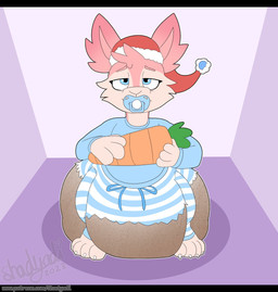 4_fingers 4_toes ambiguous_gender anthro big_diaper blue_pacifier bottomwear christmas_clothing christmas_headwear claws clothed clothing diaper diaper_fetish feces feet fingers front_view fur half-closed_eyes hat head_tuft headgear headwear heart_symbol holding_object holding_plushie holidays huge_diaper multicolored_body multicolored_fur narrowed_eyes object_in_mouth pacifier pacifier_in_mouth pajama_pants pajama_shirt pajamas pattern_bottomwear pattern_clothing pink_body pink_fur pink_inner_ear plushie santa_hat soiled_diaper soiling solo standing striped_bottomwear striped_clothing striped_pajamas stripes tan_body tan_fur text tired toe_claws toes torn_clothing tuft unclean_diaper used_diaper wearing_diaper shadyadi christmas moon_(mrmoonmoo) lagomorph leporid mammal rabbit 2023 artist_name hi_res letterbox signature url