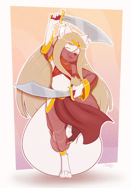 anthro bedlah belly_dancer belly_dancer_outfit belly_dancing biped black_nose claws clothed clothing dancing digitigrade eyebrows eyes_closed female flat_chested fluffy fluffy_tail front_view fur green_hair hair holding_melee_weapon holding_object holding_sword holding_weapon inner_ear_fluff long_hair melee_weapon navel on_one_leg open_mouth open_smile red_clothing simple_background smile solo standing sword tail teeth toe_claws tongue translucent translucent_clothing tuft veil weapon white_body white_fur young young_anthro young_female poulet-7 ambiguous_species canid canine mammal 2026 hi_res