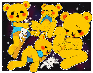 all_fours anthro anus bent_over blue_clothing blue_shirt blue_topwear border bottomless butt cheek_spots clitoral_hood clothed clothing cosmic_background cute_fangs eyebrows fangs female genitals holding_object navel nipples no_pupils nude open_mouth plushie presenting presenting_hindquarters red_inner_ear round_tail shirt short_tail solo space space_background spread_anus spread_vulva spreading tail teeth topwear vulva white_border yellow_body young young_anthro young_female gaturo cookie's_bustle cookie_blair bear mammal 2026 absurd_res hi_res