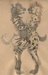 anthro bone breast_squish breasts breasts_frottage claws duo eye_contact female female/female fur gnawing hug hugging_another looking_at_another markings romantic romantic_couple sharing side_view simple_background slightly_chubby spots spotted_body spotted_fur squish striped_body striped_fur stripes tail toe_claws spinelicker hyena mammal spotted_hyena striped_hyena restricted_palette