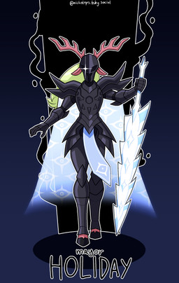 anthro armor female horn melee_weapon simple_background solo sword text weapon nickolops deltarune undertale_(series) carol_holiday deer mammal new_world_deer reindeer 2025 hi_res