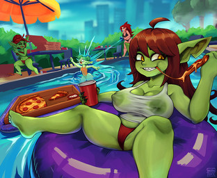 areola big_breasts breasts camel_toe cleavage clothed clothing eating erect_nipples eyelashes female food green_body green_skin inflatable inner_tube nipples not_furry pizza pool pool_float poolside pupils red_clothing shirt spread_legs spreading swimming_pool teeth topwear translucent translucent_clothing water wet wet_clothing wet_shirt wet_topwear twistingtoxic goblin human humanoid mammal 2025