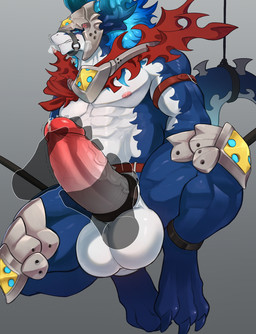 anthro balls bdsm belt big_balls big_penis bodily_fluids bondage bound genital_fluids genitals male muscular muscular_male nipples pecs penis precum solo stroking_penis karukim mythology dragon mastema_(dragon_village) mythological_creature mythological_scalie scalie hi_res