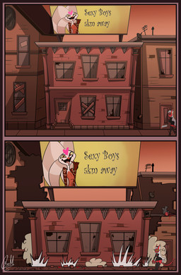 advertisement billboard blood boarded_window bodily_fluids broken_window building clothing crushing_building crushing_object cybernetic_arm cybernetic_limb cybernetics death duo female heart_symbol licking machine male neo-classical_architecture red_body red_skin shirtless shirtless_male shocked text thick_thighs tight_clothing tongue urban_decay gatojack3 hellaverse helluva_boss fizzarolli_(helluva_boss) demon humanoid imp comic english_text hi_res signature