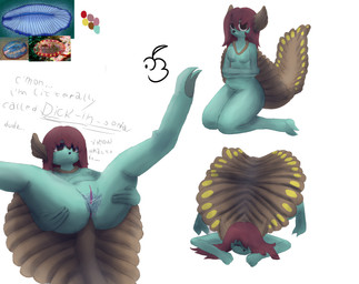 2_toes 4_fingers anthro anthrofied anus bodily_fluids breasts butt digitigrade featureless_breasts feet female fingers genital_fluids genitals hair humor medium_hair no_irises non-mammal_breasts nude pun red_hair requesting sex_request small_breasts solo spread_legs spreading text toes vulva y3i dickinsonia dickinsoniidae dipleurozoan prehistoric_species proarticulata english_text hi_res