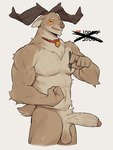 anthro antlers balls bell bell_collar big_penis biped blush bodily_fluids collar flexing flexing_bicep foreskin fur genitals holding_object holding_pen horizontal_pupils horn humanoid_genitalia humanoid_penis looking_at_viewer male muscular muscular_anthro muscular_male navel pen penis pupils simple_background solo sweat tan_balls tan_body tan_fur tan_penis vein veiny_penis white_background yellow_eyes impwitter cervine deer mammal 2022 3:4 digital_media_(artwork) hi_res