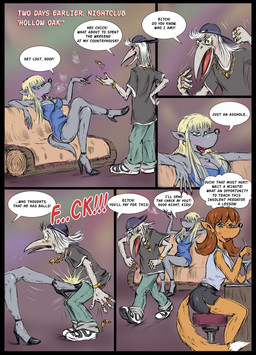 anthro bar blonde_hair blue_eyes butt butt_slap clothing corporal_punishment dialogue female footwear group hair high_heels judge judgement male mamma panties plant profanity pub shoes slap tail text underwear gesperax avian canid canine canis fox lagomorph leporid mammal rabbit true_fox wolf comic english_text hi_res