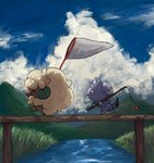 ambiguous_gender blue_sky bridge cloud detailed_background duo eyes_closed feral fishing_rod grass happy hill holding_object net open_mouth open_smile outside plant pokeball river side_view sky smile walking water panha_pkmn nintendo pokemon espurr generation_5_pokemon generation_6_pokemon pokemon_(species) whimsicott 2025 digital_media_(artwork) digital_painting_(artwork) hi_res painting_(artwork)