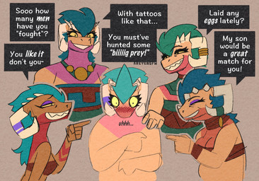 ambiguous_anthro ambiguous_gender anthro blush blush_lines blushing_profusely breasts cleavage clothed clothed_anthro clothed_female clothing curled_horn dialogue embarrassed eyes_closed female female_anthro green_hair grin group hair horn humiliation innuendo laugh multi_horn narrowed_eyes smile speech_bubble teasing teeth text wide_eyed yellow_sclera areye_(artist) microsoft the_elder_scrolls quivers-for-arrows argonian scalie 2025 artist_name digital_drawing_(artwork) digital_media_(artwork) english_text hi_res gynomorph_(lore) male_(lore)